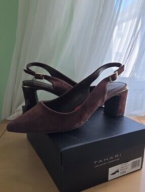 Tahari Dark Brown Suede Slingback Block Heel Pumps